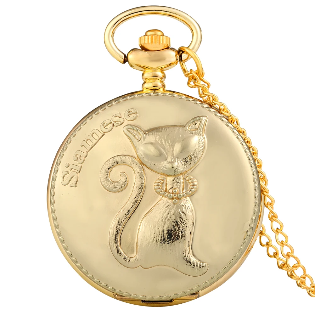 

Polishing Embossed Cute Cats Display Golden Necklace Watch Quartz Pocket Clock Sweater Chain Pendant Souvenir Timepiece Gifts