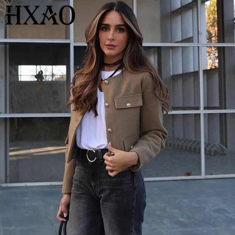 

HXAO модные женские укороченные куртки осень-зима пиджак с длинными рукавами текстурированная на пуговицах шикарная и элегантная женская куртка