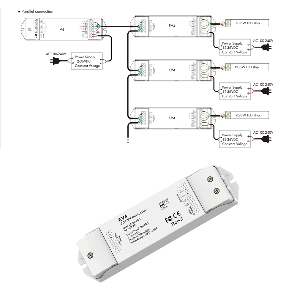 Skydance EV4 DC12-36V 4CH*5A 4In1 Power Repeater Single/Dual Color RGB RGBW Signal Amplifier For Controller/Strip/Module