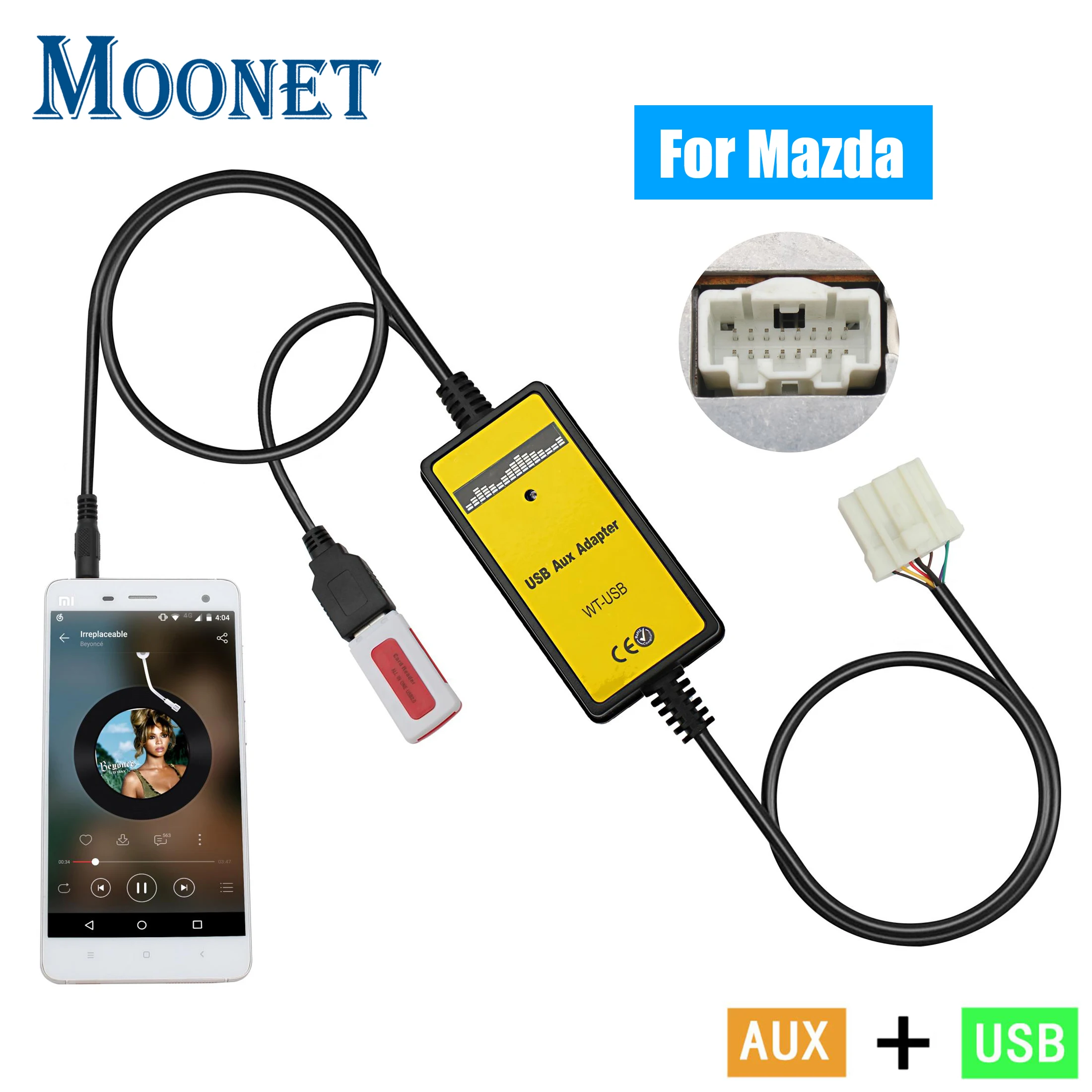 Moonet Car Audio Wejście MP3 Adapter AUX USB Zmieniacz CD dla Mazda 3 5 6, MPV, CX7, Demio Miata/MX5