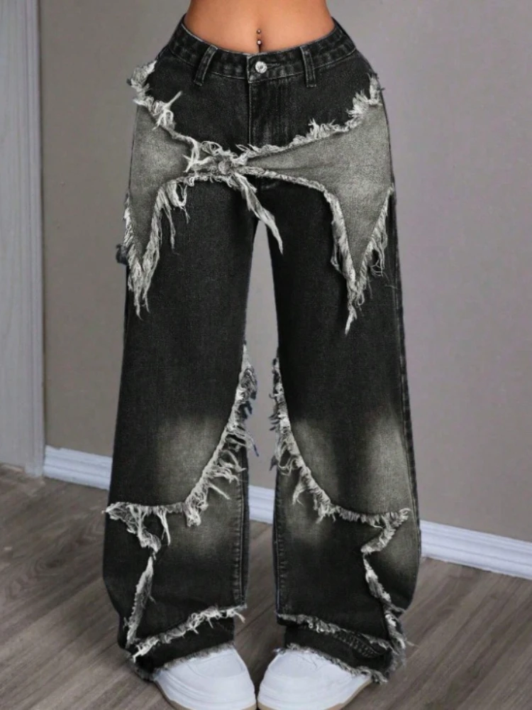 

Deeptown Black Vintage Star Patchwork Women Distressed Jeans Washed Wide Leg Tassel American Style Denim Pants Baggy Streetwear