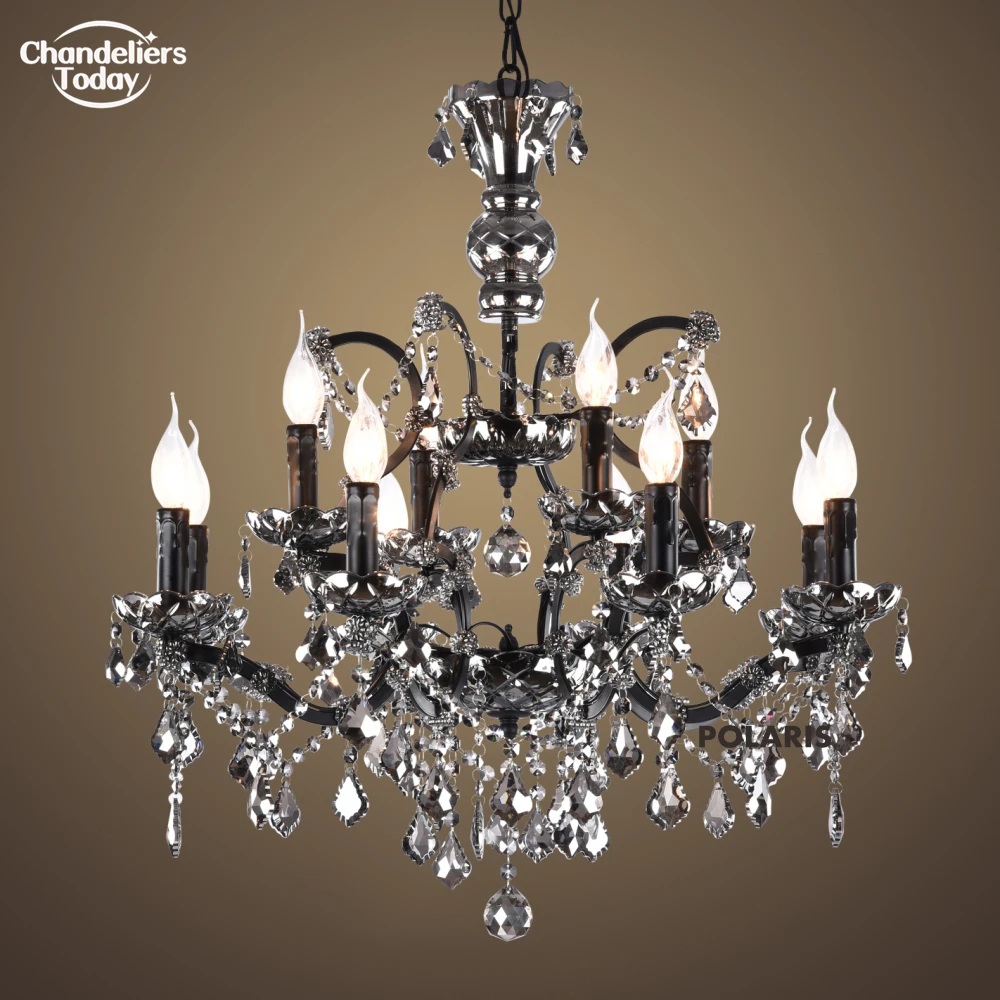 19th C. Rococo Iron & Crystal Round Chandelier Modern Lighting 12-Light Smoke Chandelier Lamp Retro Black Lustre Light Fixture