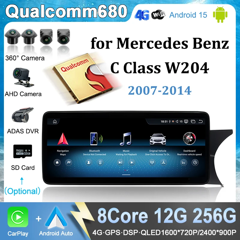 Android 15 For Mercedes C Class W204 S204 C180 C200 C300 2007-2014 NTG 4.0 4.5 System Car Radio Wireless Carplay 12.3inch screen