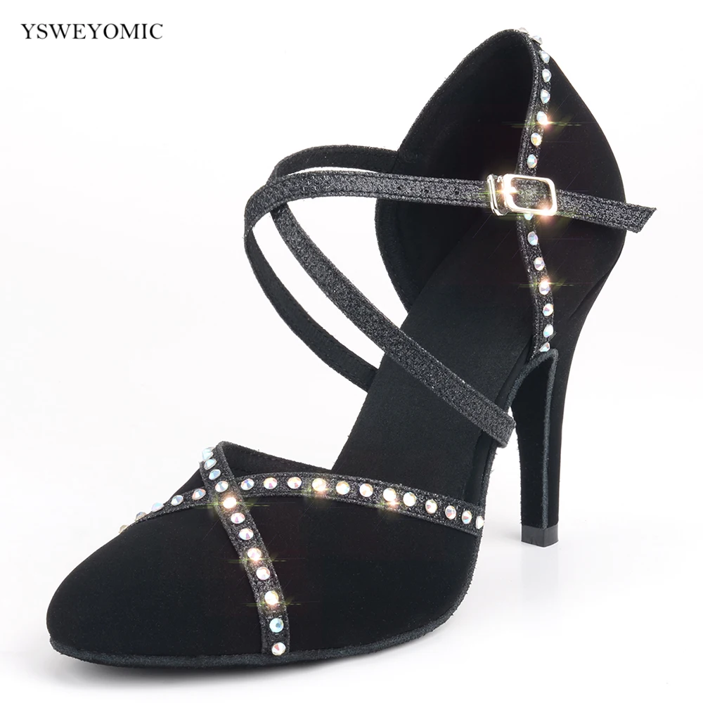 YSWEYOMICE Rhinestones Ballroom Dance Shoes Closed Toe high Heel Suede Ballroom Latin Dance Shoes