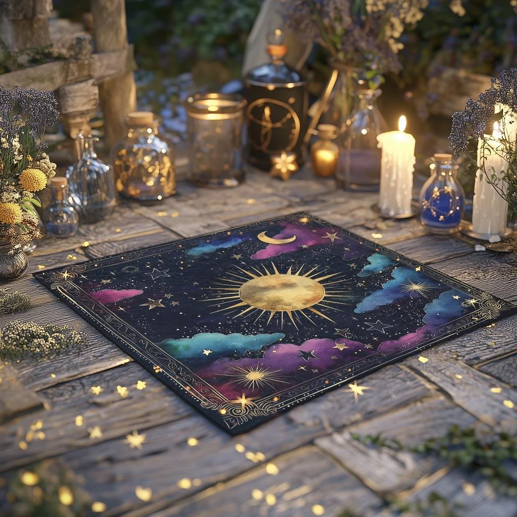 Mystical Sun Moon Star Tarot Tablecloth, Celestial Astrology Altar Cloth for Divination Meditation Witchy Decor