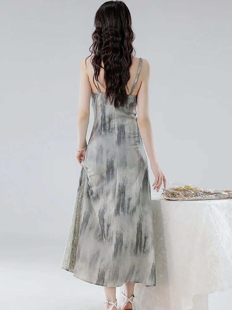 2025 Stampa Patchwork Pizzo Sexy Sling Abito lungo Donna Vintage Luxury Dance Party Dress Estate Coreano Aderente Festival Abito da ballo