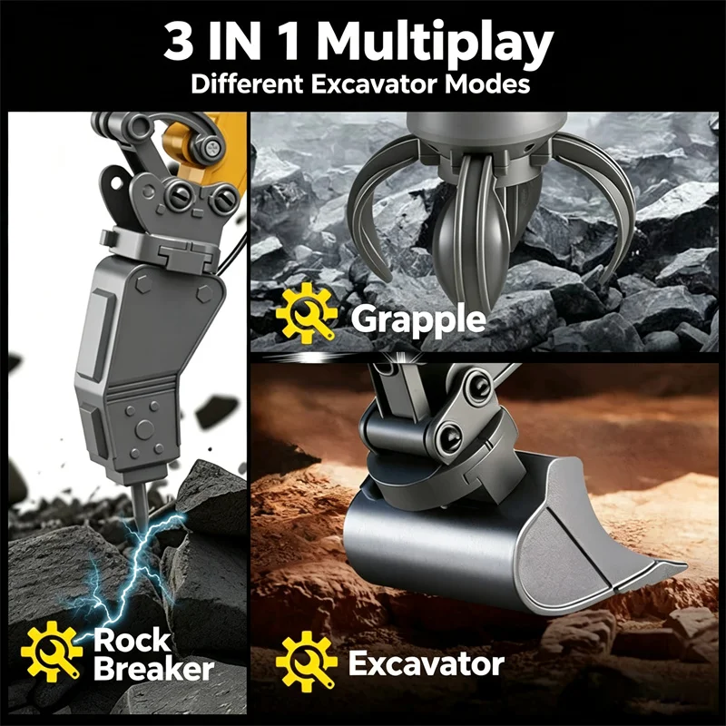 2.4G 3 In 1 RC Excavator Truck with Interchangeable Bucket Claw Drill Demolition Head 680 Rotation Construction Vehicle for Boys