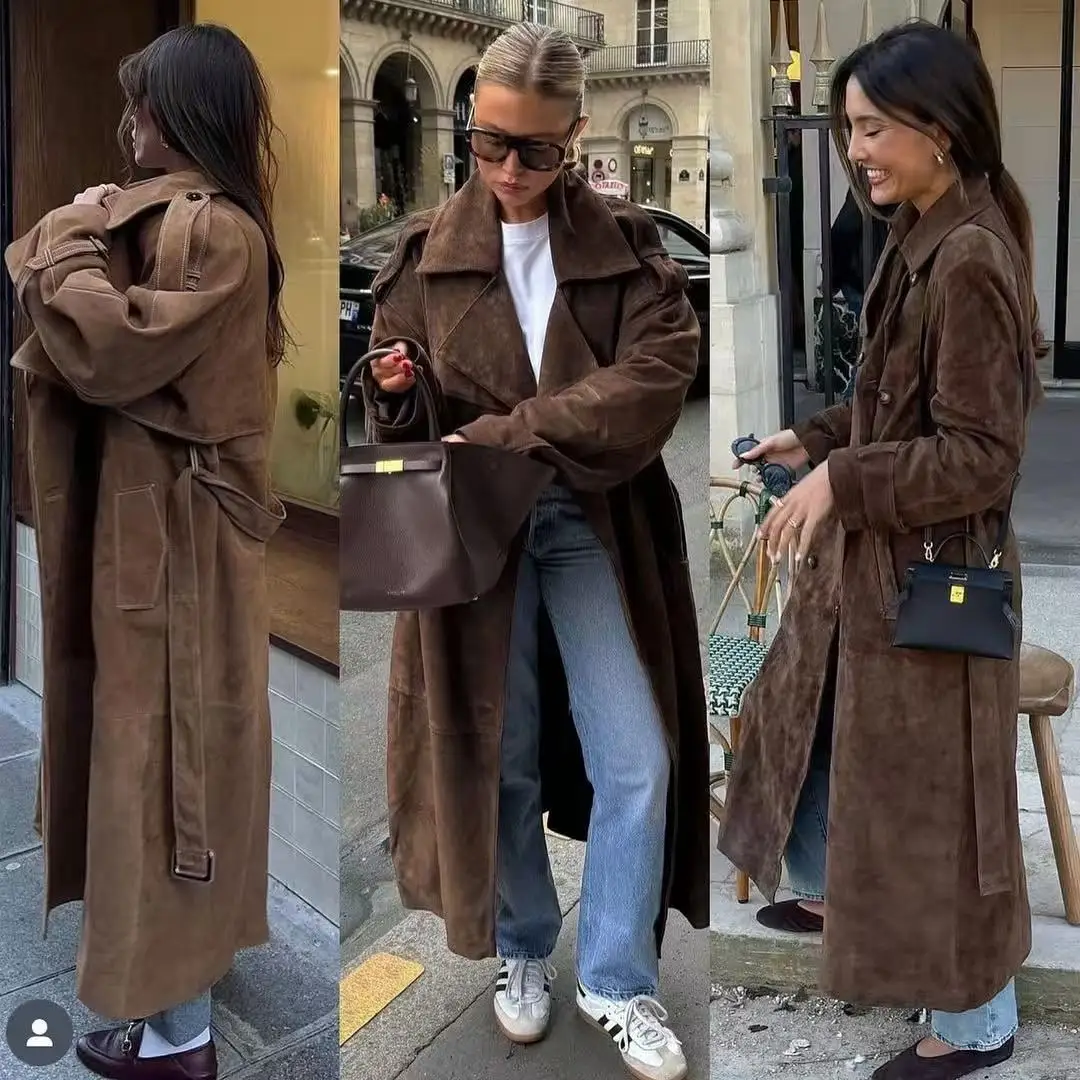 

Elegant Long Sleeve Lapel Coat Women's Faux Suede Jacket With Belt Winter Outerwear Fashionable Stylish New Arrival