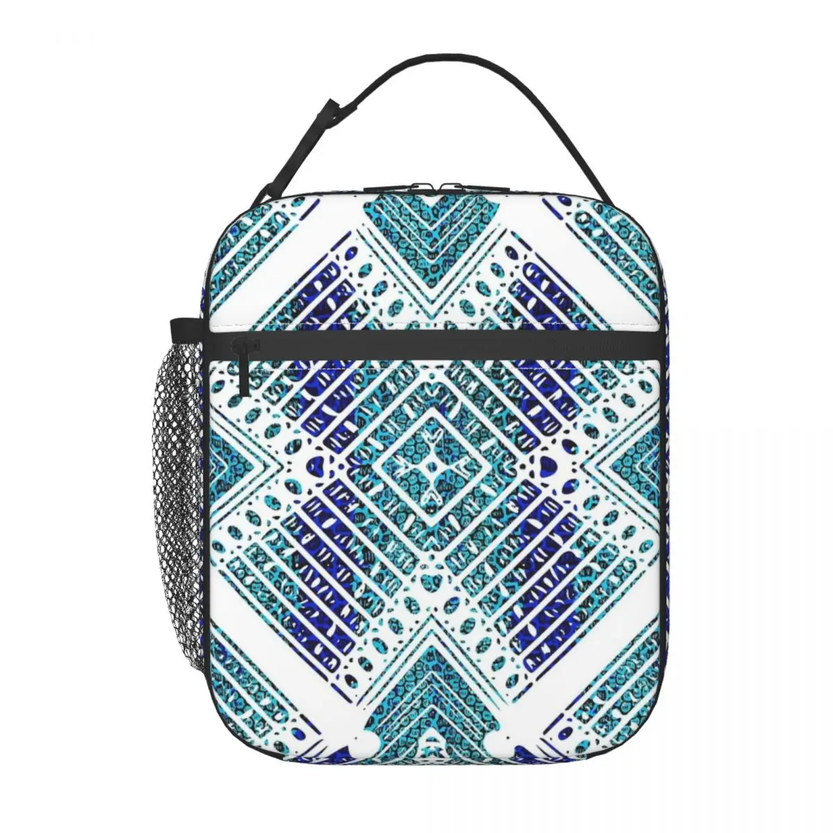 Geometric Ankara Insulated Lunch Bag Teal and Blue Ankara African Storage Food Box Portable Thermal Cooler Bento Box For Work