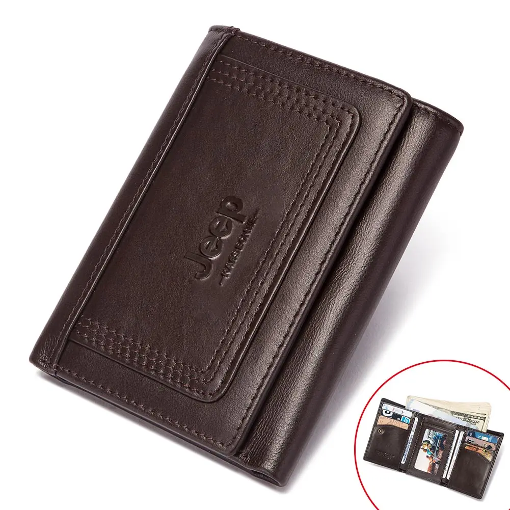 Genuine Leather Trifold Wallets for Men RFID Slim Card Holder with ID Window High Quality Male Zipper Coin Pocket Small Clutch