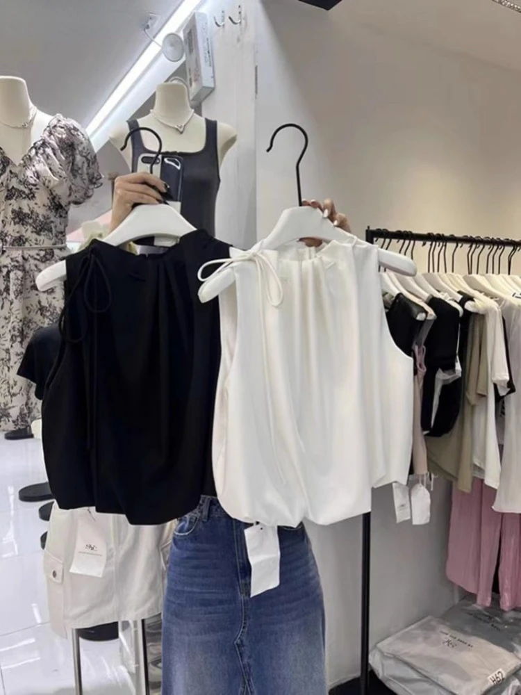 2024 Camisas De Mujer Temperament Women Shirt Solid Color Sleeveless Cropped Tops Bandage Summer Loose Korean Vintage Blouses