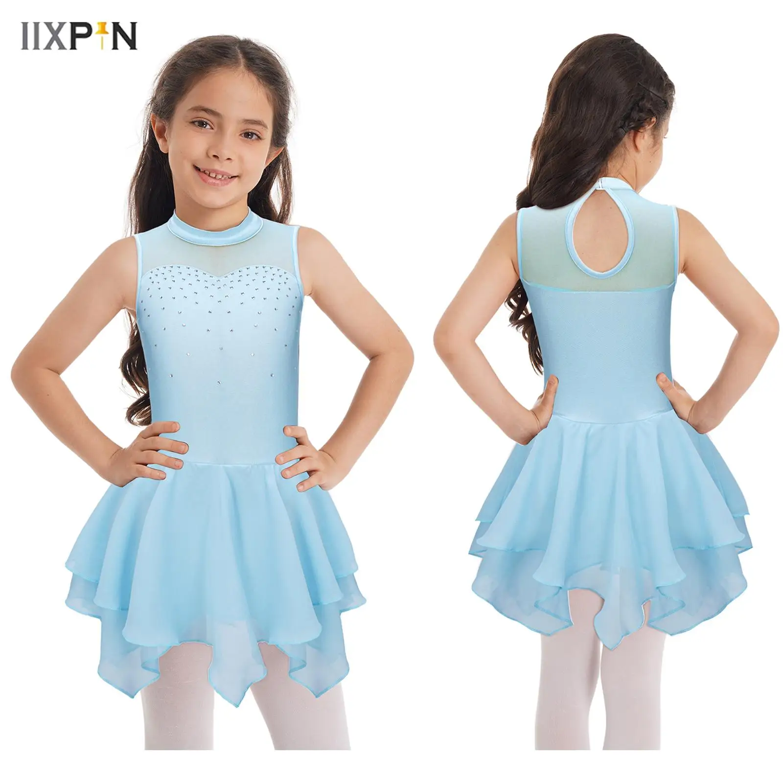 

Kids Girls Sleeveless Rhinestone Figure Skating Dress Elastic Mesh Tutu Modern Ballet Dance Gymnastics Leotard Acrobat Costumes
