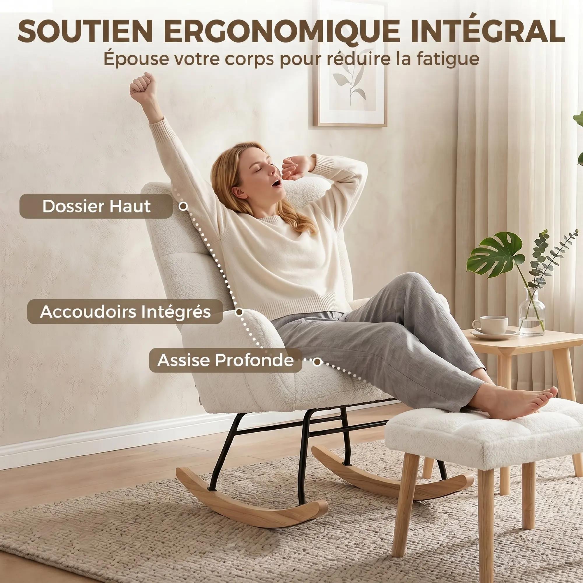 HOMCOM Fauteuil à Bascule avec Repose-Pieds, Rocking Chair en Tissu Bouclette, Assise Rembourrée, Dossier Large, Crème