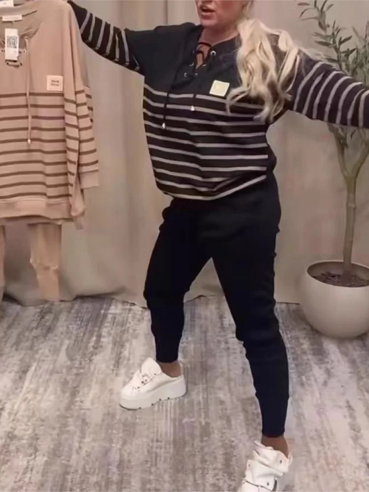 

Spring Autumn Fashion Casual Striped Sports Two-piece Loose Sweatshirt+sweatpants Suit For Women Holiday Two Piece Outfits Woman