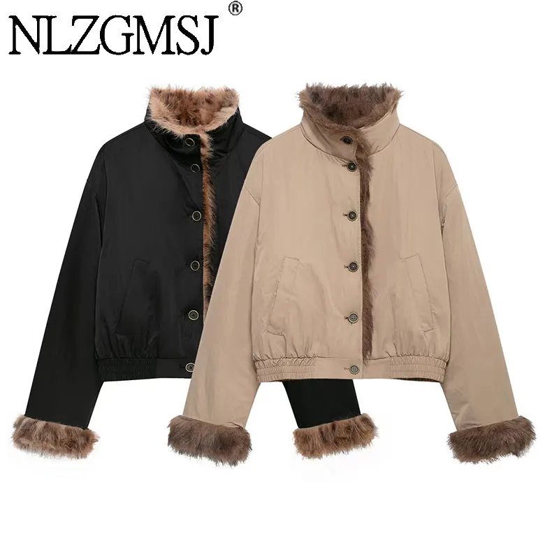 NLZGMSJ Vintage Chic Women Reversible Fur Jackets Solid Long Sleeve Single Breasted Loose Coats New Fashion 2026 Winter Outwears