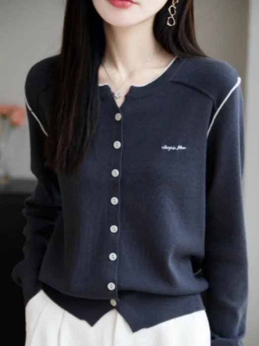 

Slimming Long Sve Knitted Cardigan Women's Faion Embroidered Letter Patchwork Color Blo Warm Outerwear Top