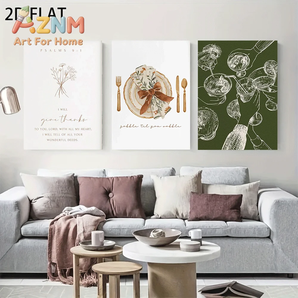 AZNM Frameless Canvas Wall Art, Thanksgiving Dining Table Print, Bible Verse Floral Tableware Wine Toast Line Art Poster for Kit