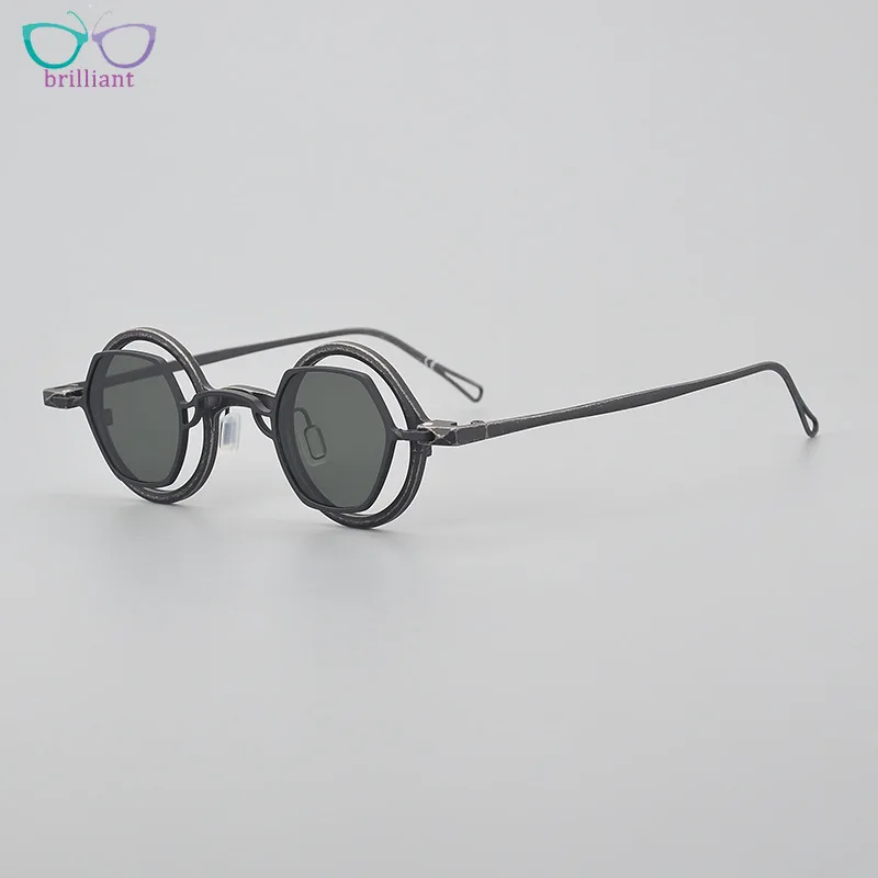 Fashion Antique Pure Titanium Round Frame Magnetic Clip on Sunglasses Men Retro Three in One Can Be Paired Prescription Lenses