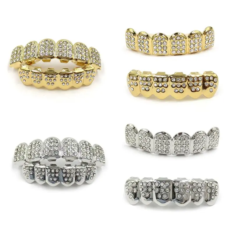 R2LE Niche Plated Gold/Silver Teeth Braces with Diamond Hip Hop Top & Bottom Face Grills All-match Hip-hop Rapper