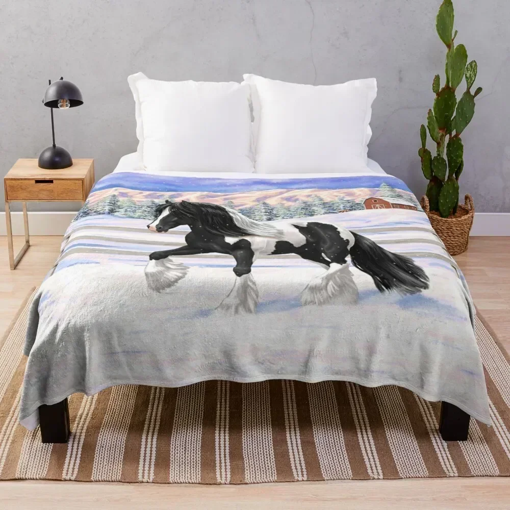 

Black Pinto Piebald Gypsy Vanner Draft Horse In Snow Throw Blanket Warm Napping Blanket for Office Couch Bed