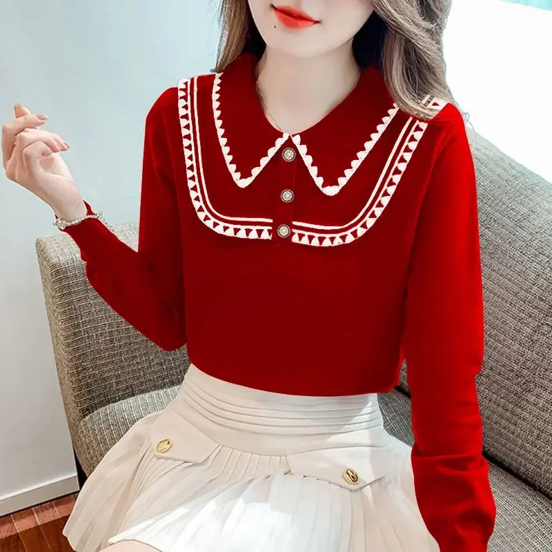 

Sweet Peter Pan Collar Spliced Button All-match Sweater Women's Clothing 2024 Winter New Casual Pullovers Loose Korean Tops N756