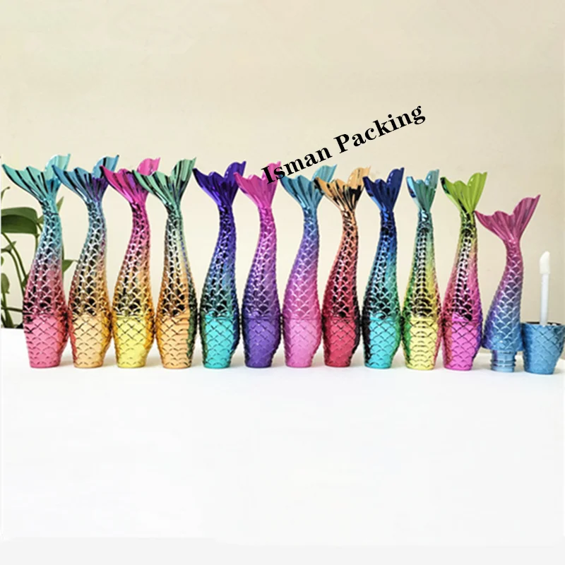 50Pcs unique cute shiny mermaid lip gloss tube kids bling fish shape lipgloss container packaging bottle with wands brush 3ml