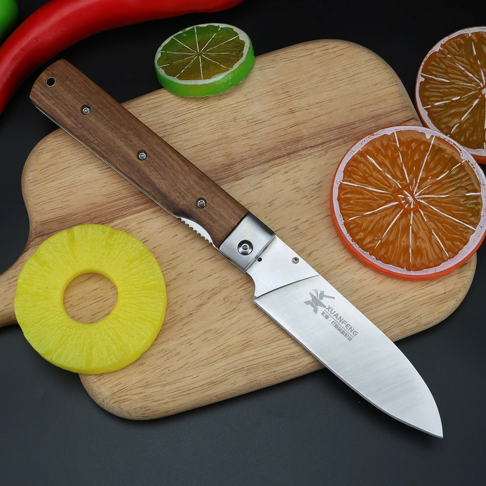 XUANFENG Advantages of Wooden Handle Folding Knife: Home Fruit Knife Suitable for Barbecue and Meat Cutting