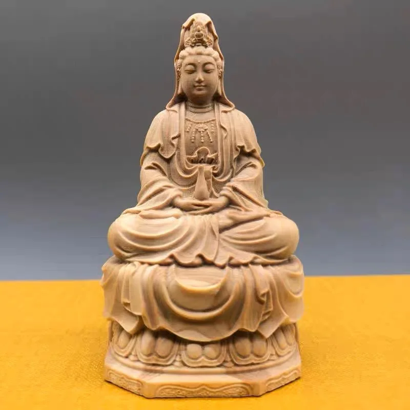 

Taihang Thuja Sutchuenensis Sitting Lotus Seat Holy-Water Vase Guanyin Ornaments Solid Wood Carving Guanyin Bodhisattva Home Des