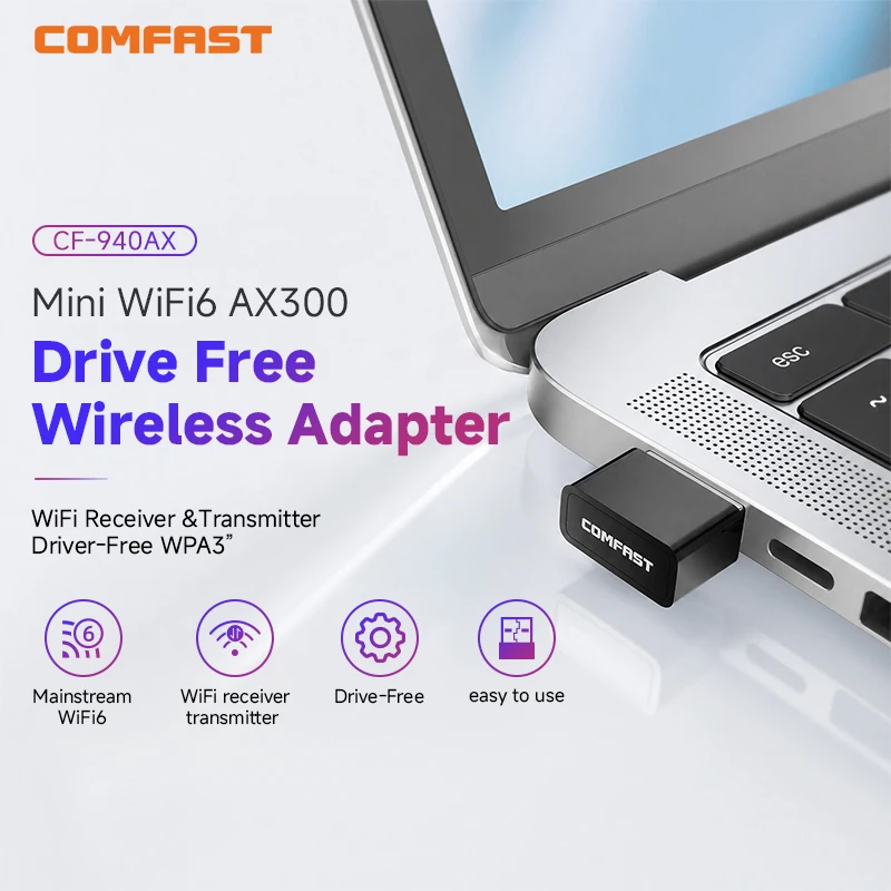 COMFAST Mini WiFi6 Adapter 2.4G 300Mbps Wireless Network Card USB Adapter WiFi6 Dongle WPA2 For PC Laptop Windows 8/8.1/10/11
