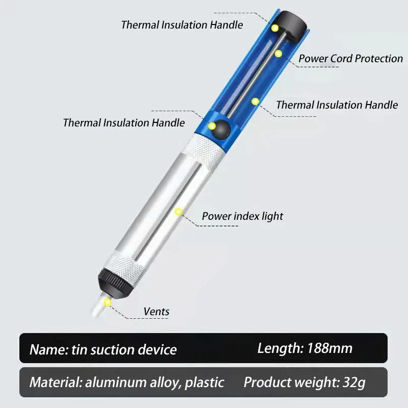 Herramienta de bomba de succión de aluminio para desoldar, succionador de soldadura, pluma de estaño, dispositivo de eliminación, soldador de vacío azul