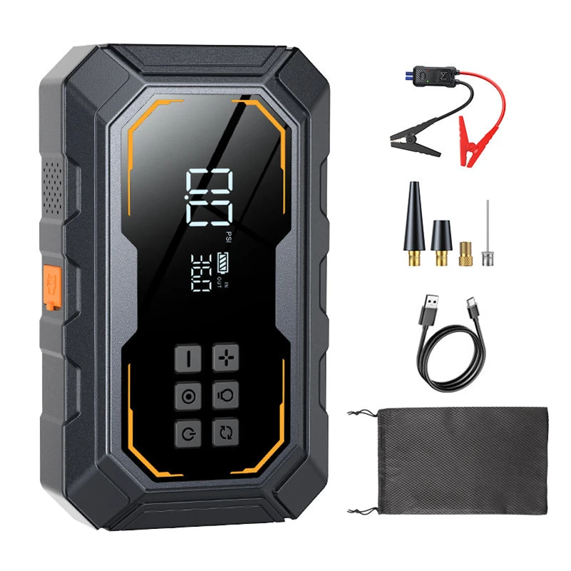 12V Lithium Battery Booster Car & Motorcycle Jump Starter 4.1 Portable 6000mAh Power Inflator with Digital Screen and Air Pump