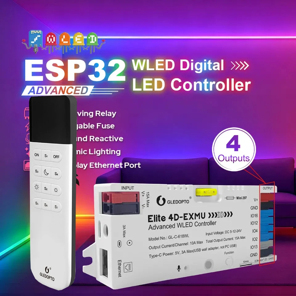 GLEDOPTO Elite ESP32 WLED Controller with 4 Outputs Energy Saving Relay For Addressable RGBIC Digital LED Strip Light