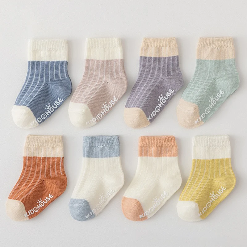 Newborn Baby Contrast Color Combed Cotton Soft Non-Slip Socks with Rubber Bottom Comfortable Skin-Friendly Casual Mid-Tube Socks