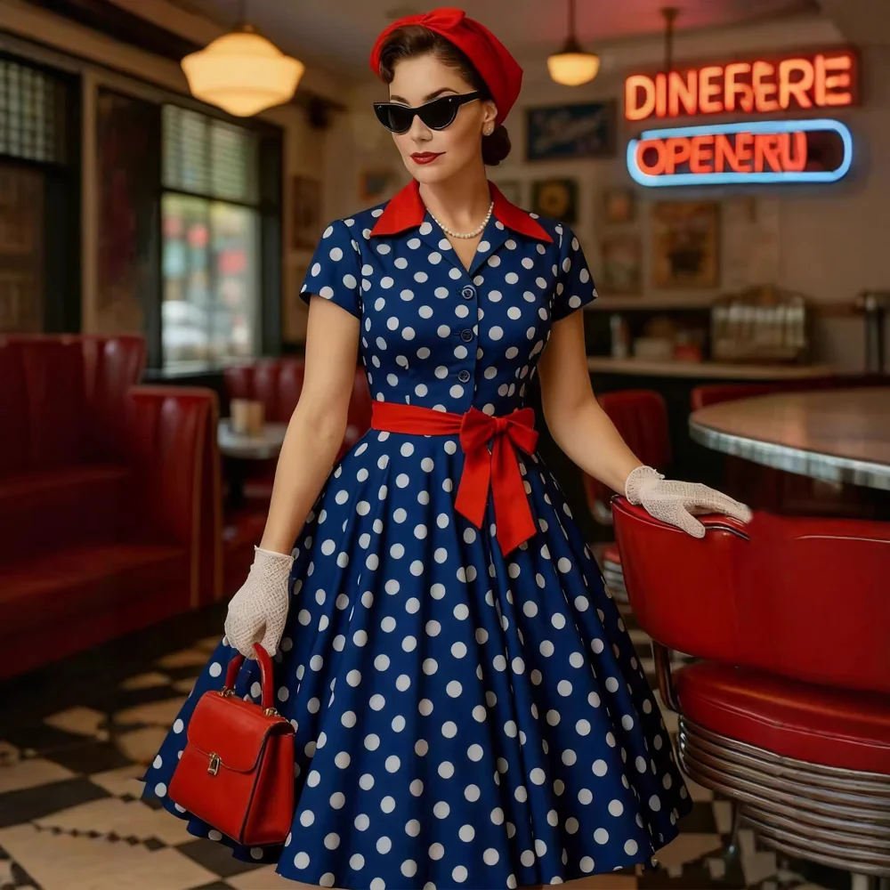 Kontrast-Kragen mit Gürtel und Polka Dots im 50er-Jahre-Stil Damen-Hemdblusenkleid 2026 Sommer Knopfleiste Vorne Elegantes 1950er Vintage Partykleid