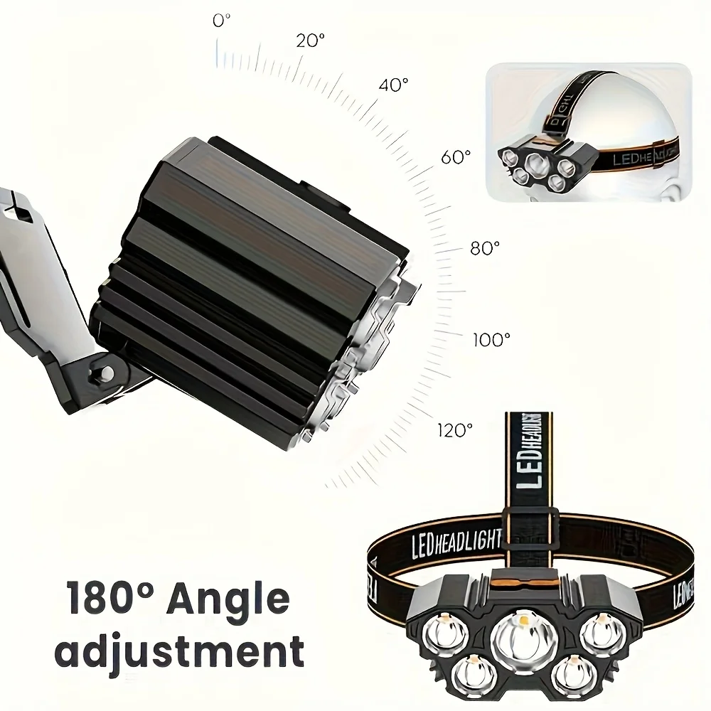 Перезаряжаемый налобный фонарь, 5 сверхярких светодиодов, легкий налобный фонарь с USB-аккумулятором, 3 режима