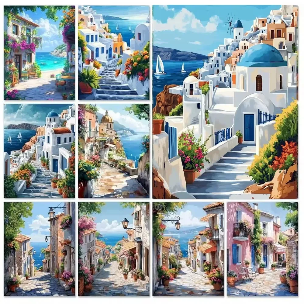 Diamantmalerei: Landschaft der Küstenstadt, Diamantmosaik, handgemachte Kunst, exquisites kreatives Geschenk, Heimdekoration