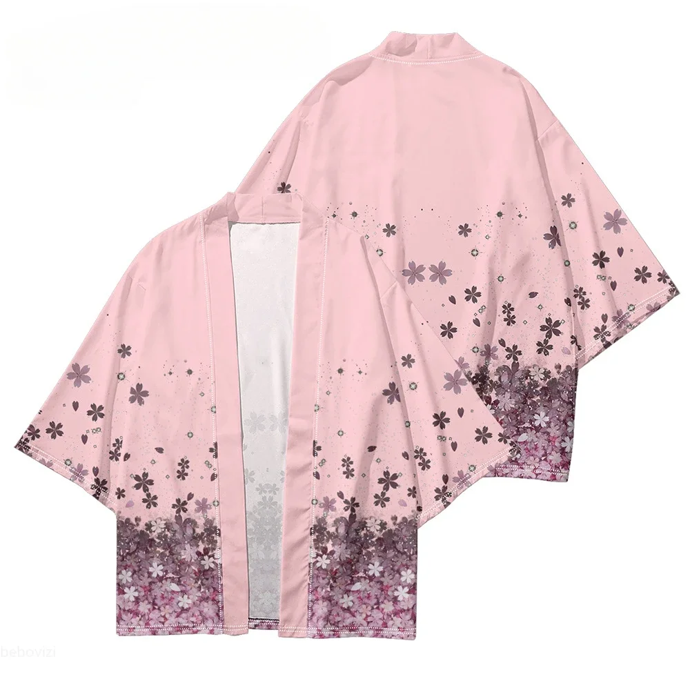 سترة مطبوعة بالزهور الوردية هاوري بيتش يوكاتا موضة كيمونو غير رسمية ملابس الشارع للرجال والنساء ملابس آسيوية كبيرة الحجم #4