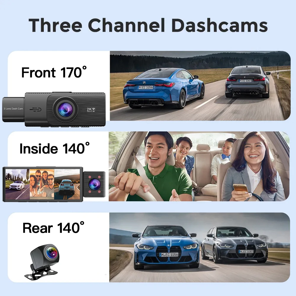 Dash Cam a 3 canali anteriore all\'interno della fotocamera posteriore a tre vie per auto 2K + 1080P a doppio canale con videoregistratore DVR per