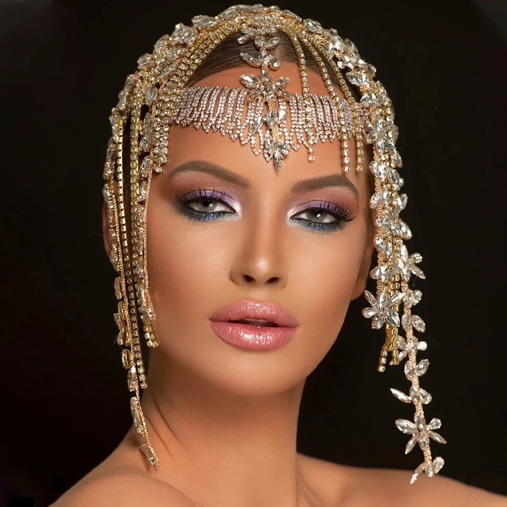 Women Exotic Leaf Rhinestone Tassel Belly Dance Head Cap Hat Jewelry Luxury Crystal Hair Accessory for Party Wedding Showing