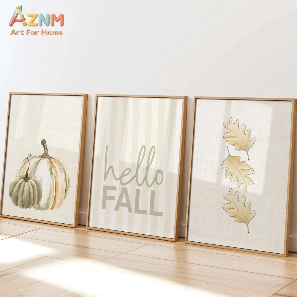 AZNM 3Pcs Neutral Hello Fall Canvas Wall Art, Watercolor Pumpkin Oak Leaf Print Frameless Canvas Painting, Soft Tone Farmhouse