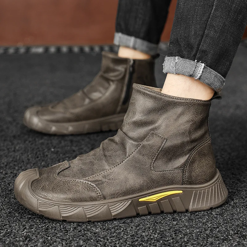 Botas de couro casuais masculinas inverno antiderrapante resistente ao desgaste botas de neve de corte médio novos sapatos de algodão impermeáveis confortáveis para homem