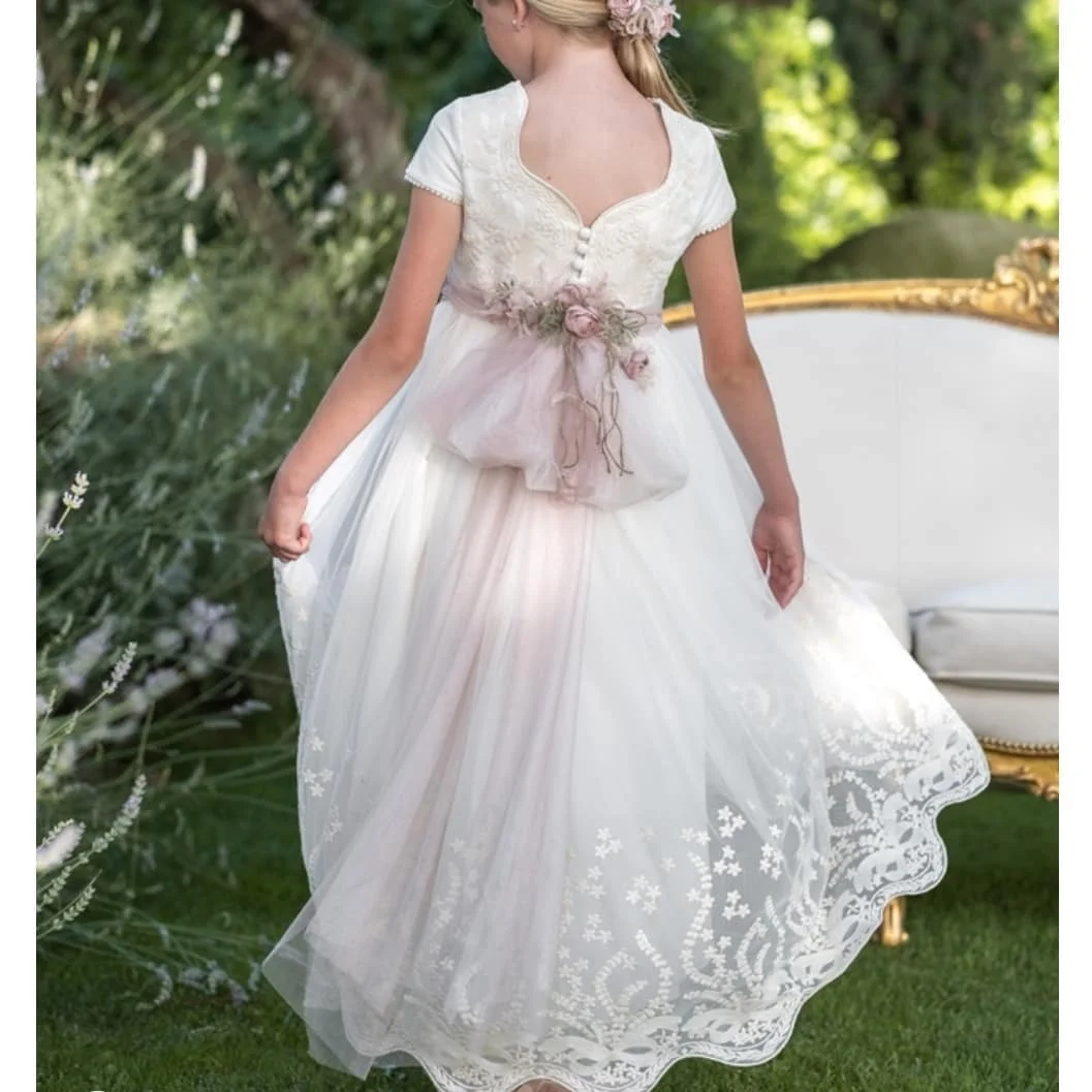 FATAPAESE – robe de Communion pour filles, tenue princesse Vintage en dentelle, avec ruban Floral, ceinture, mini demoiselle d'honneur, robe de cérémonie de mariage, ligne A