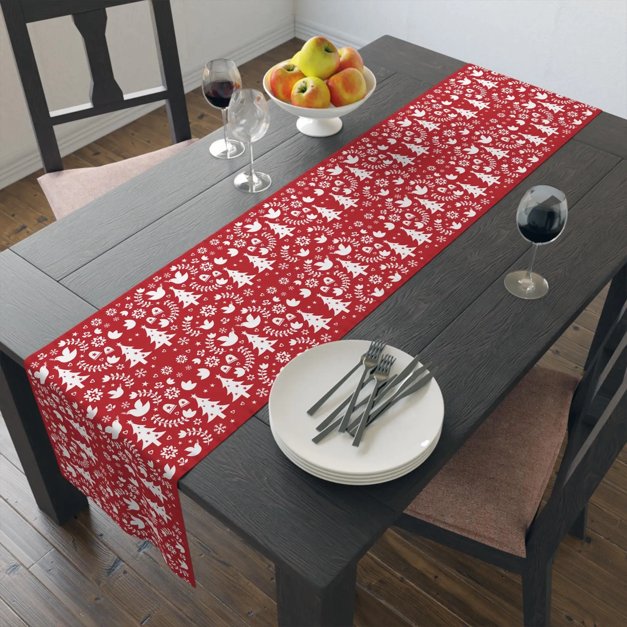 Retro Scandinavian Christmas Table Runner, Vintage Dove Fair Isle Red Nordic Tree Mid Century Modern Home Decor for Dining Party