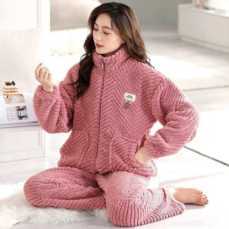 

2024 New Pajama Women's Popular Autumn Winter Warm Loungewear Coral Velvet Sleepwear Plush Thickening Lazy Style Homewear Set