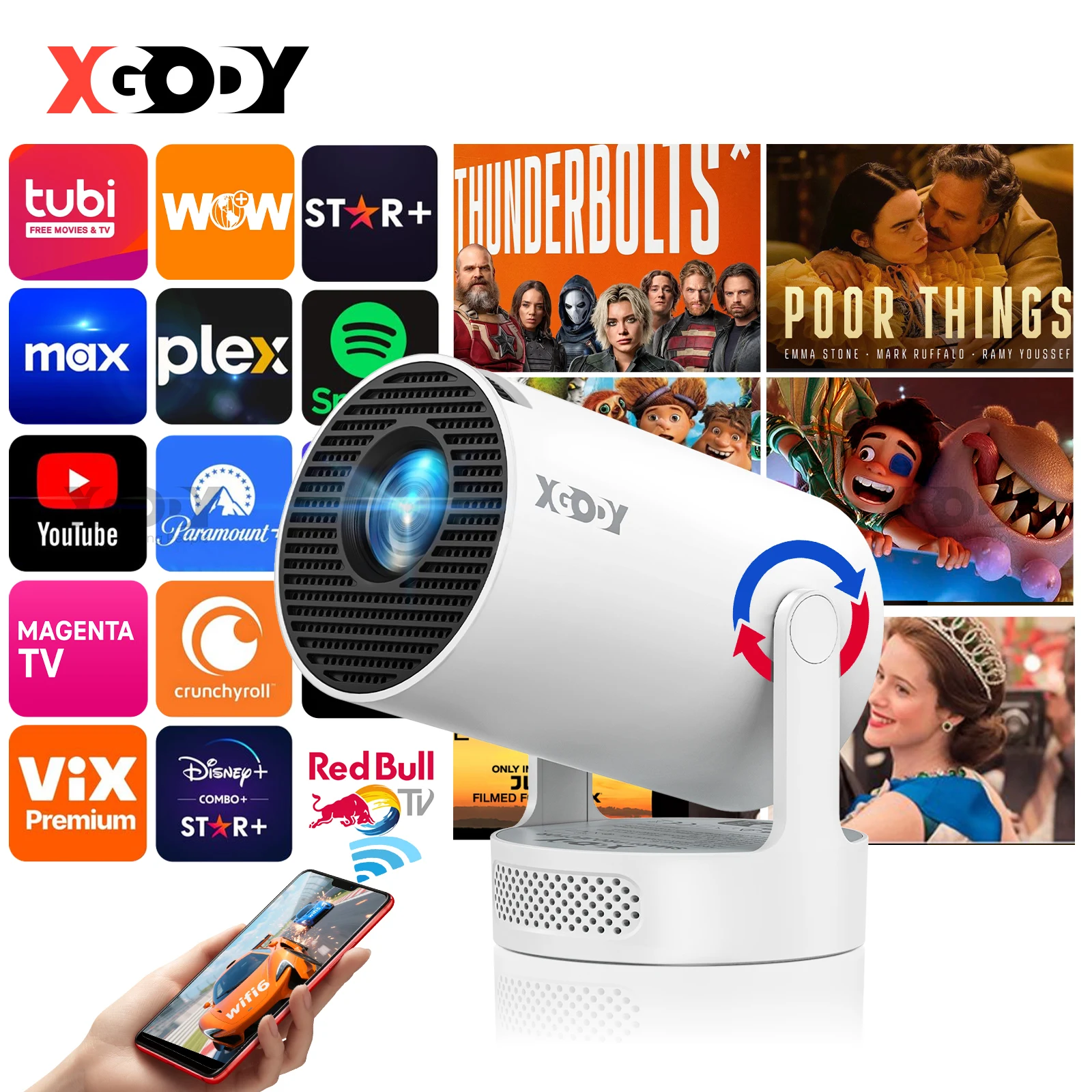 XGODY Projector Gimbal 3S Short Throw 4K Android 11 250ANSI Wifi6 Mini BT5.4 Projector Native 720P Home Cinema Outdoor Portable