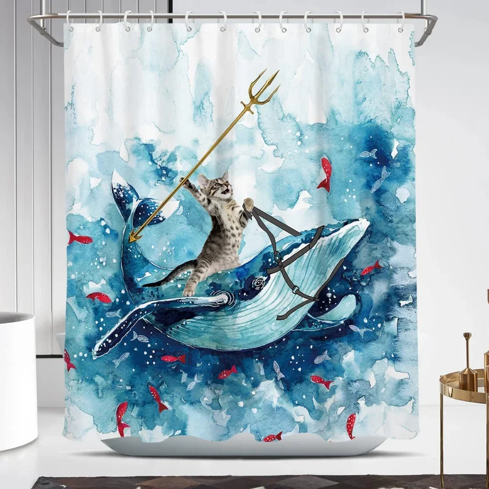 Funny Cat Shower Curtain Cool Cat Riding Shark Seagull On Ocean Sea Blue Waves Kids Creative Design Bathroom Curtain Polyester view 6
