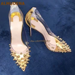 ALMUDENA Golden Heels Clear PVC Rivets Pumps Pointed Toe Studded Patchwork Wedding Shoes Gold Silver 12cm 10cm Dress Pumps Shoes