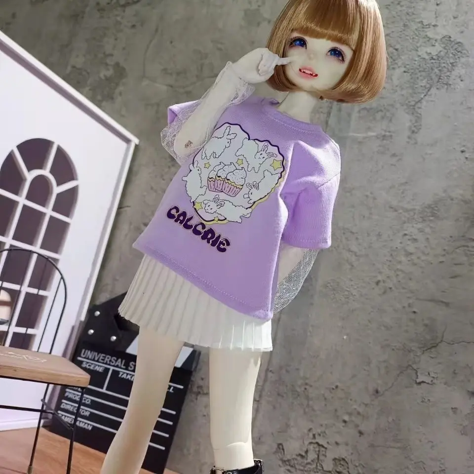 1/4 Doll's Clothes for Bjd Doll Casual Pleated Skirt Versatile Purple Printed T-shirt Changing Dress Up Toys Doll Accessories