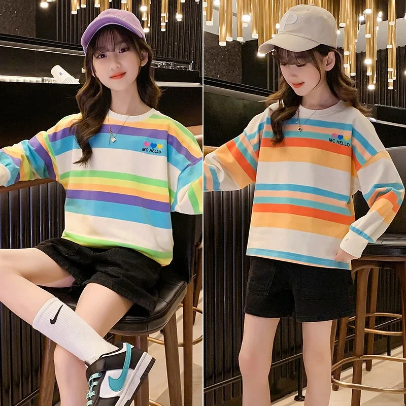 

Children's Long Sve Base irt Faionable T-irt Hoodie for Girls Versatile mid to Large Size Kids Autumn New Arrival