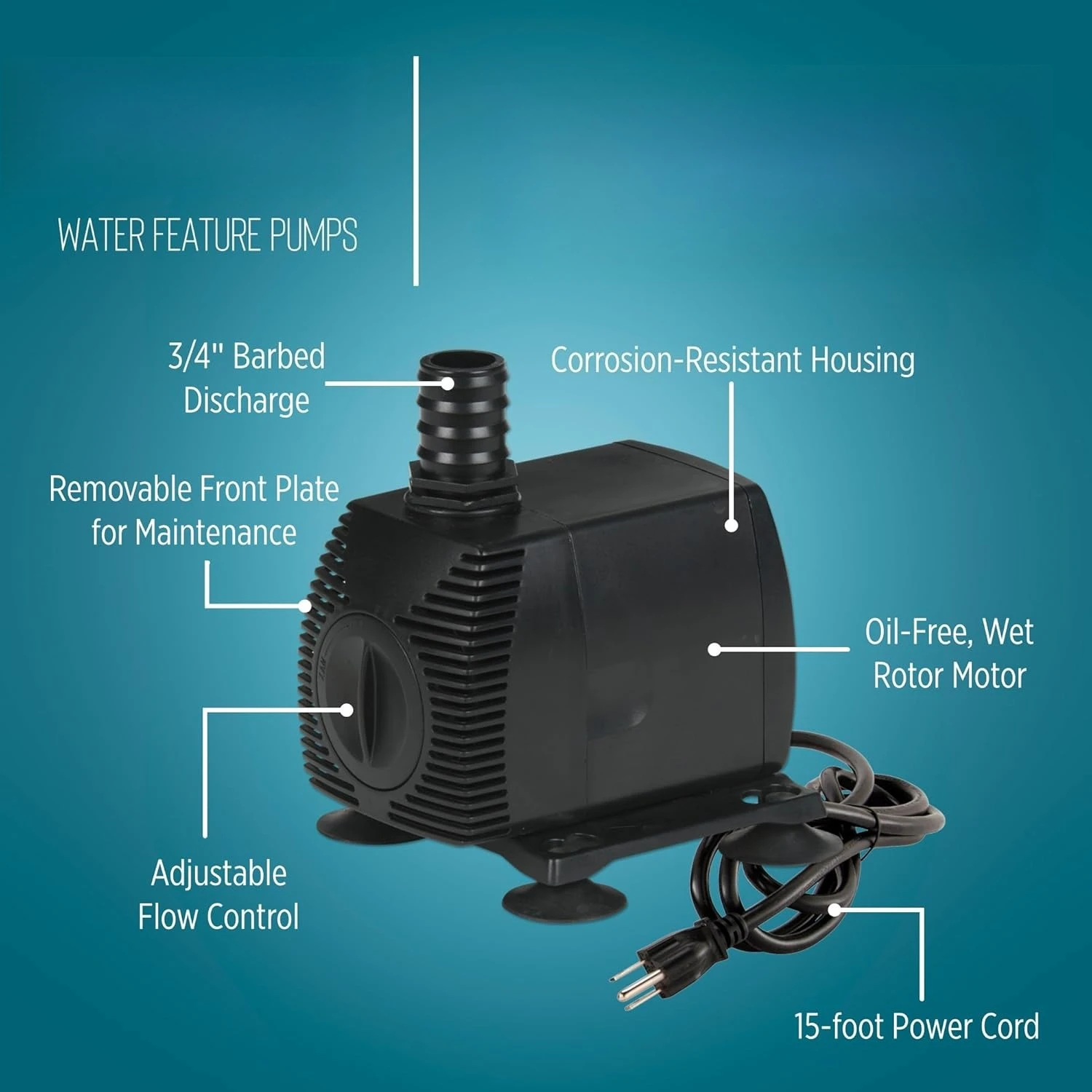 ZZWPES-700-PW 115 فولت، نافورة/بركة محرك مغناطيسي 725 جيجا بايت في الساعة مع 15 قدم. سلك، أسود،